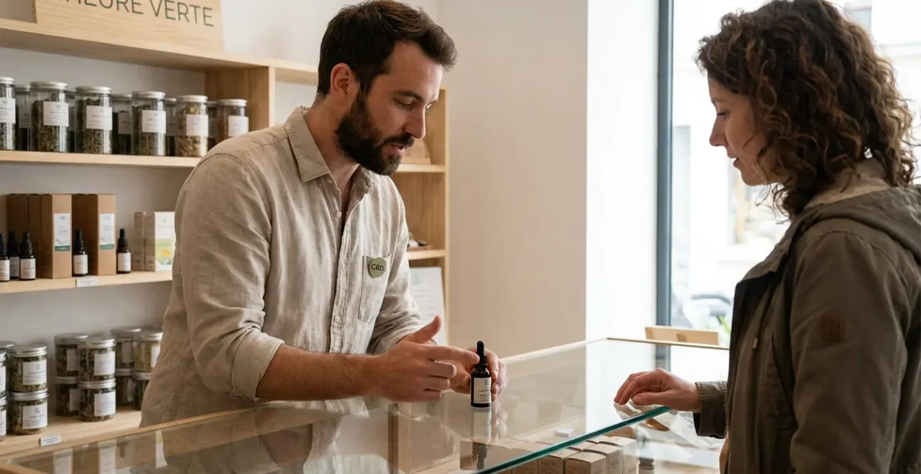 Conseiller CBD présentant des produits de qualité à un client en boutique spécialisée