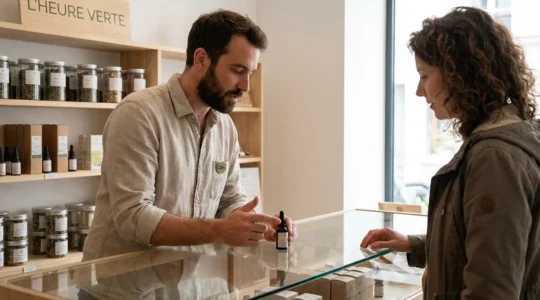 Conseiller CBD présentant des produits de qualité à un client en boutique spécialisée
