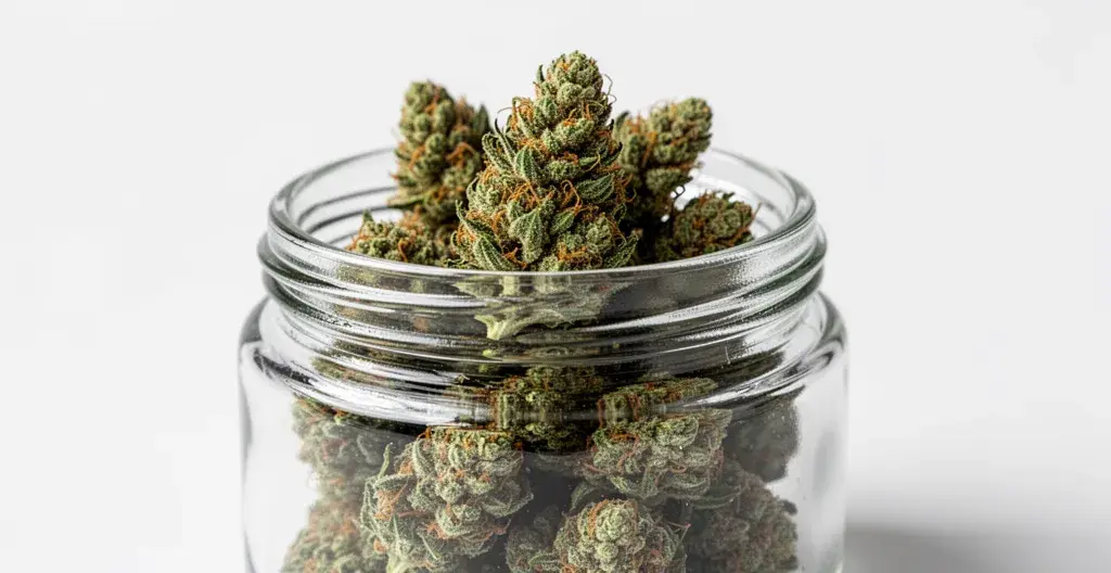 Fleurs de CBD premium dans un pot en verre montrant la qualité des trichomes