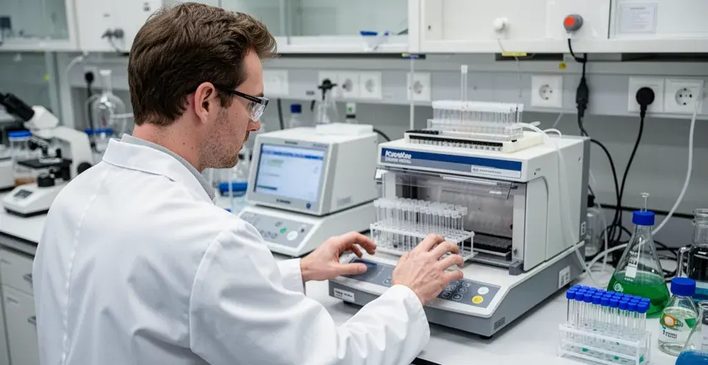 Technicien laboratoire analysant un échantillon CBD avec équipement chromatographie